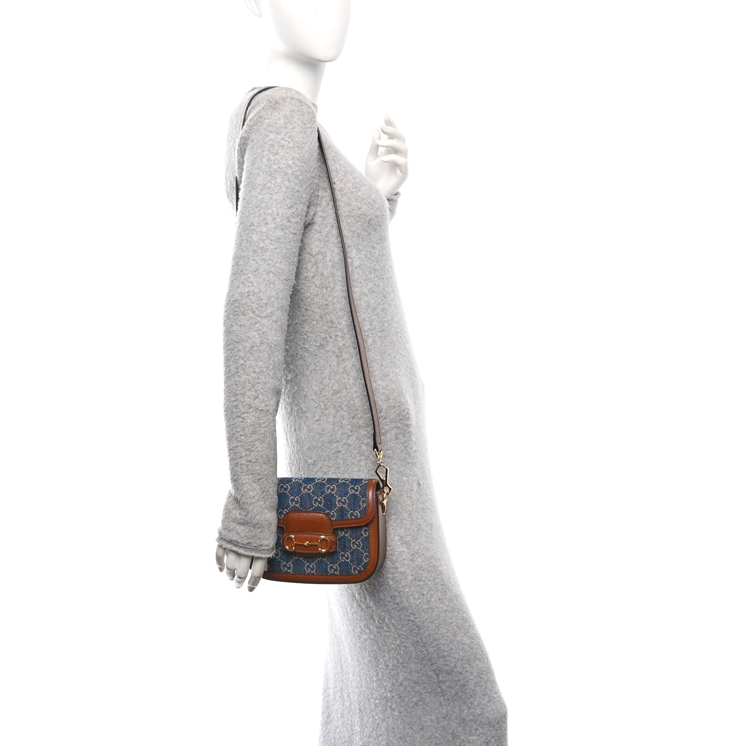 Gucci New Denim GG Monogram Dollar Calfskin Web Mini Horsebit 1955 Shoulder Bag Blue Tea Cuir Epilog 2 of 10