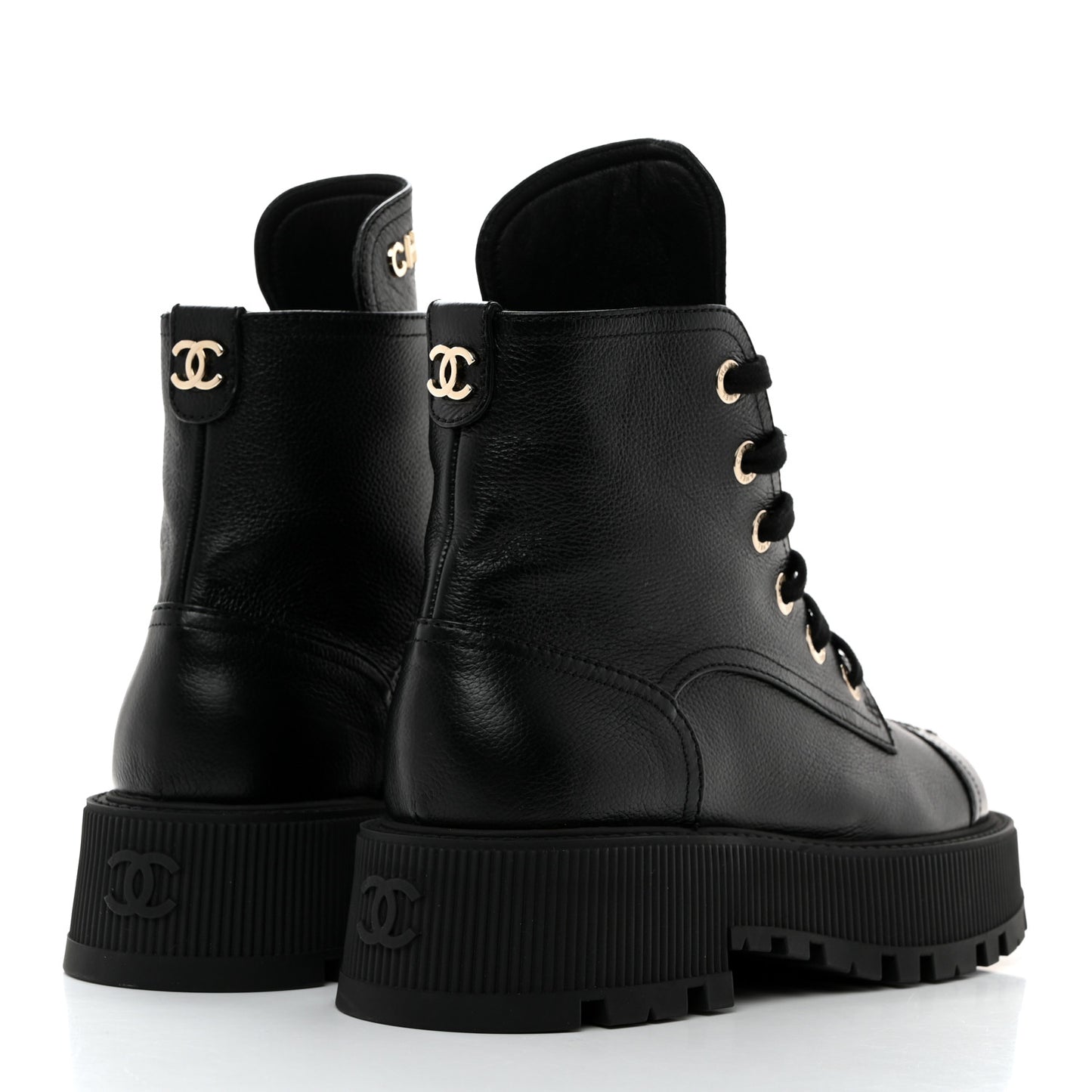 Grained Calfskin Shiny Calfskin CC Lace Up Combat Boots 37.5 Black