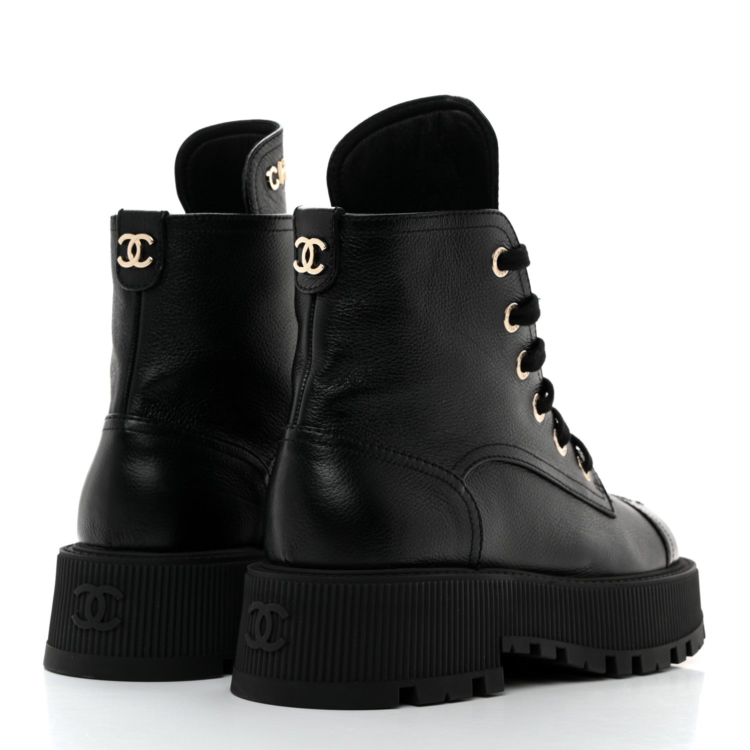 Chanel Grained Calfskin Shiny Calfskin CC Lace Up Combat Boots 37.5 Black 4 of 8