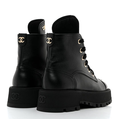 Chanel Grained Calfskin Shiny Calfskin CC Lace Up Combat Boots 37.5 Black 4 of 8