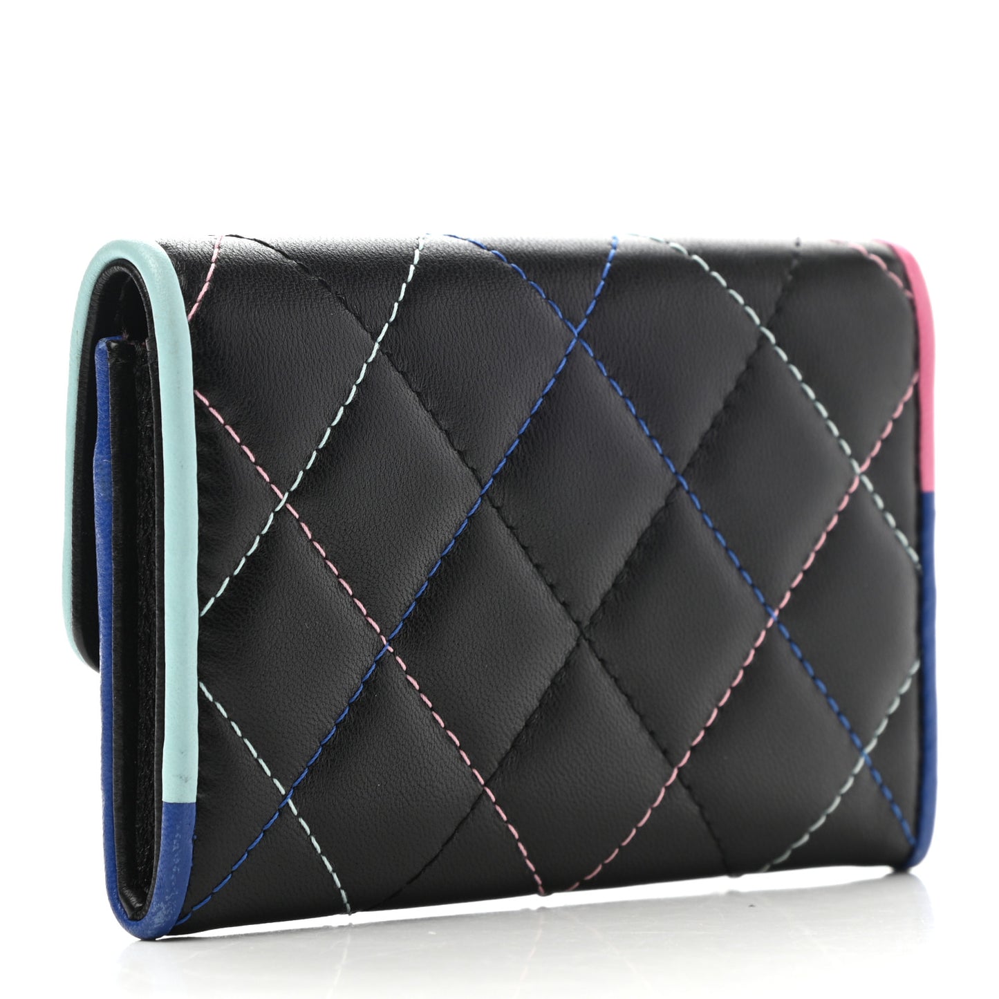 Lambskin Quilted Flap Card Holder Black Multicolor