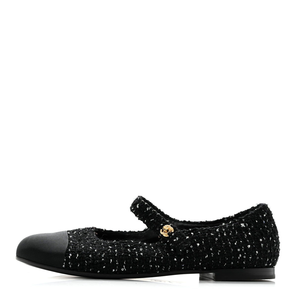 Chanel Tweed Sequin Grosgrain Cap Toe Mary Jane Flats 39 Black 1 of 11