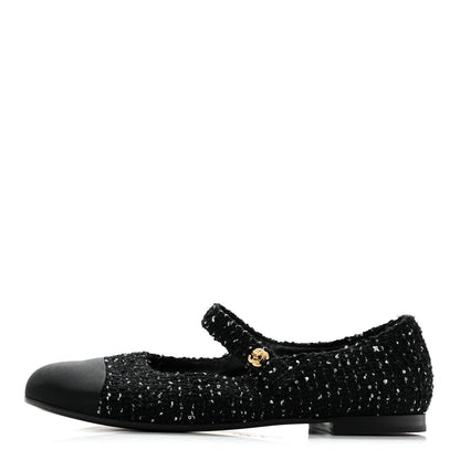 Chanel Tweed Sequin Grosgrain Cap Toe Mary Jane Flats 39 Black 1 of 11