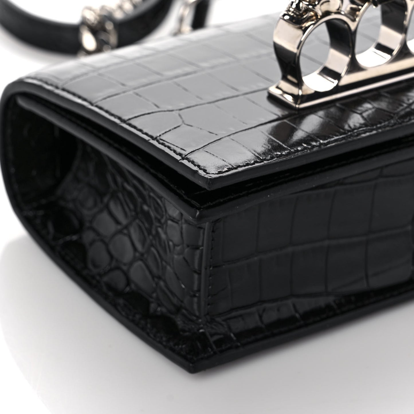 Shiny Crocodile Embossed Jeweled Satchel Black