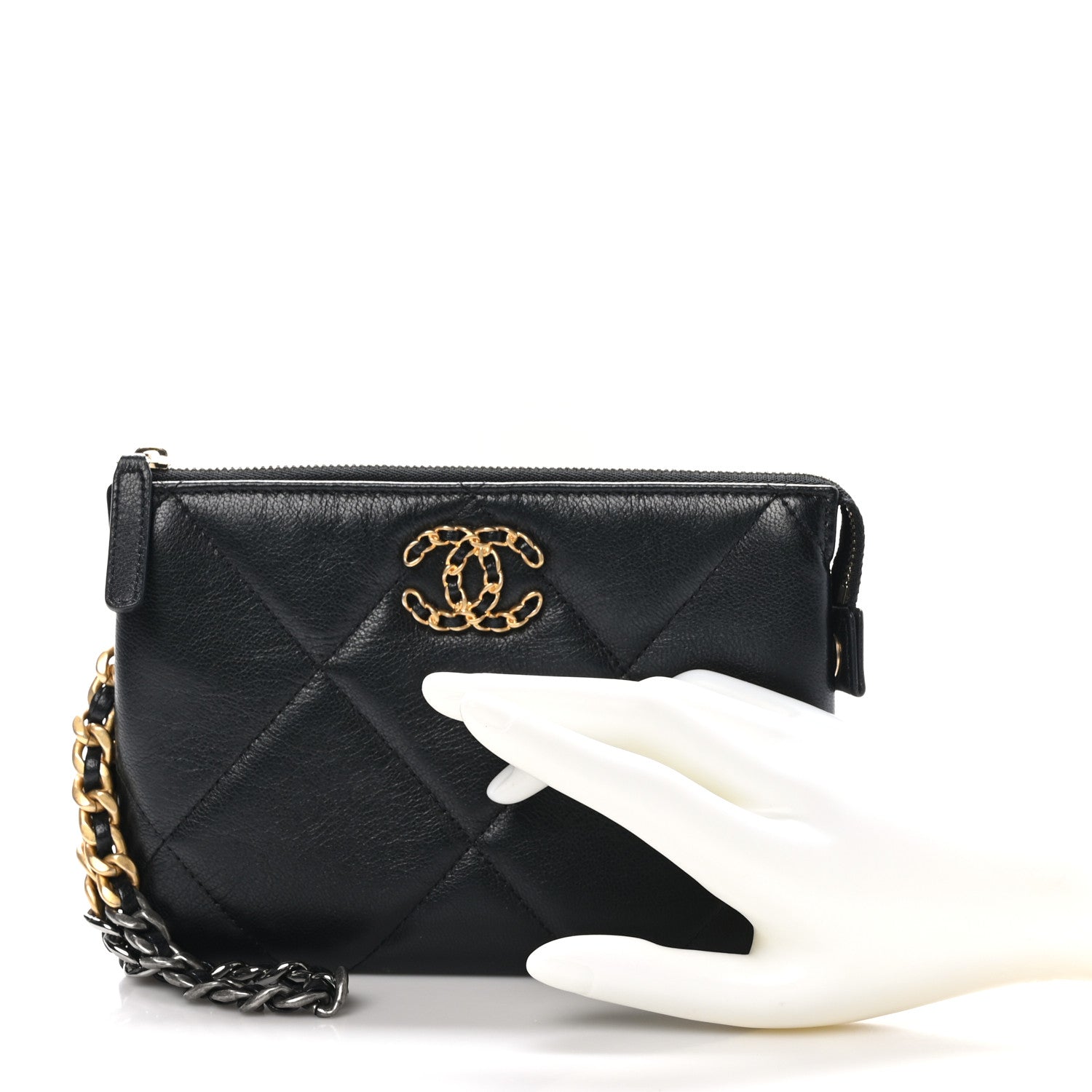 Chanel Shiny Goatskin Quilted Small Chanel 19 Pouch With Handle Black 2 of 12