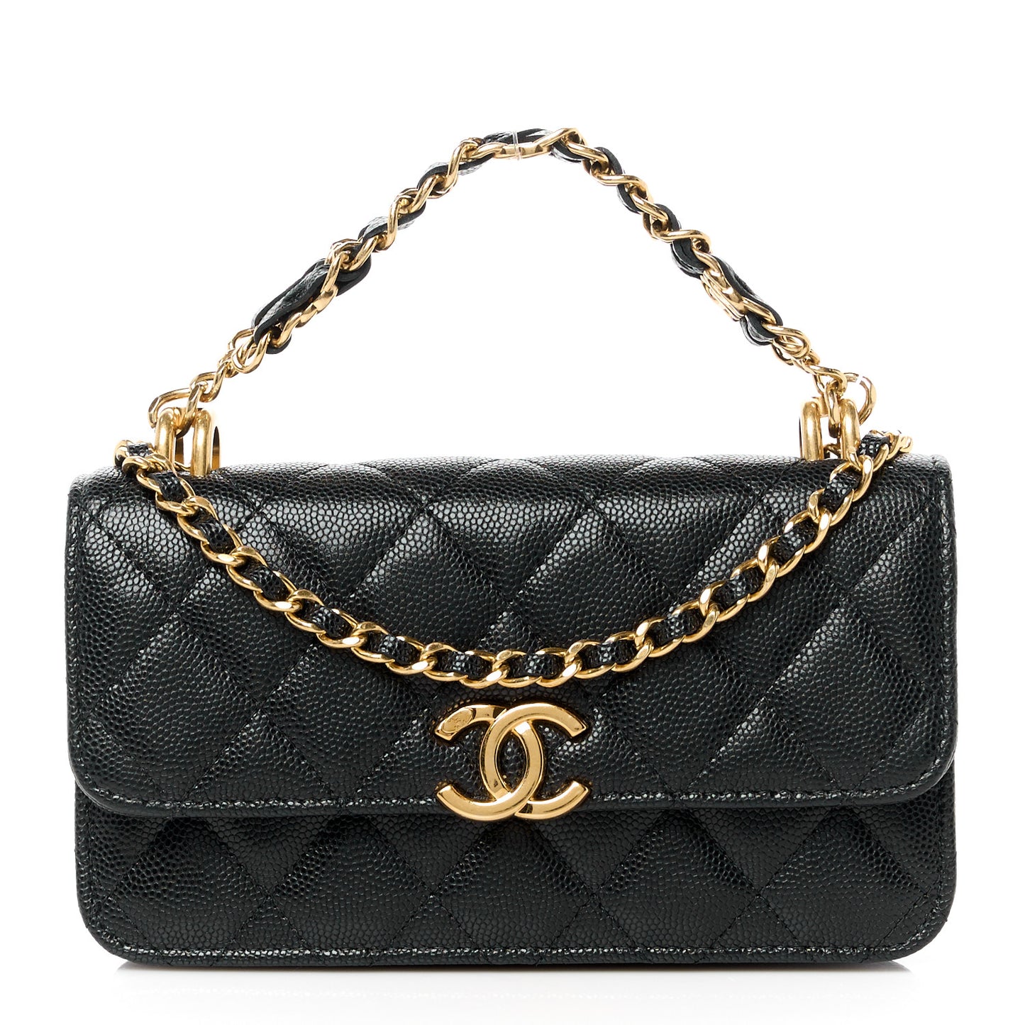 Caviar Quilted Coco First Phone Holder With Chain Black