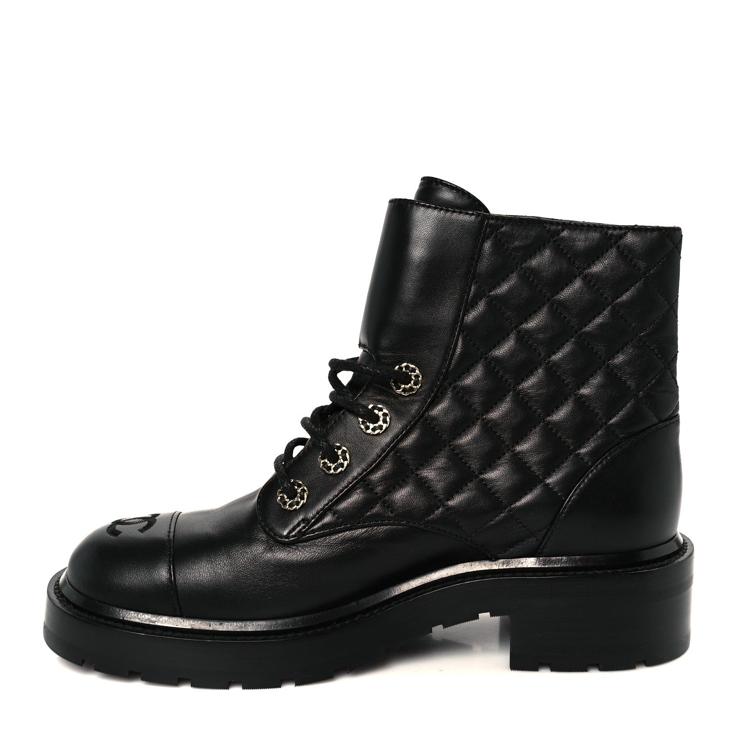 Chanel Shiny Lambskin Quilted Lace Up Combat Boots 39 Black 1 of 11