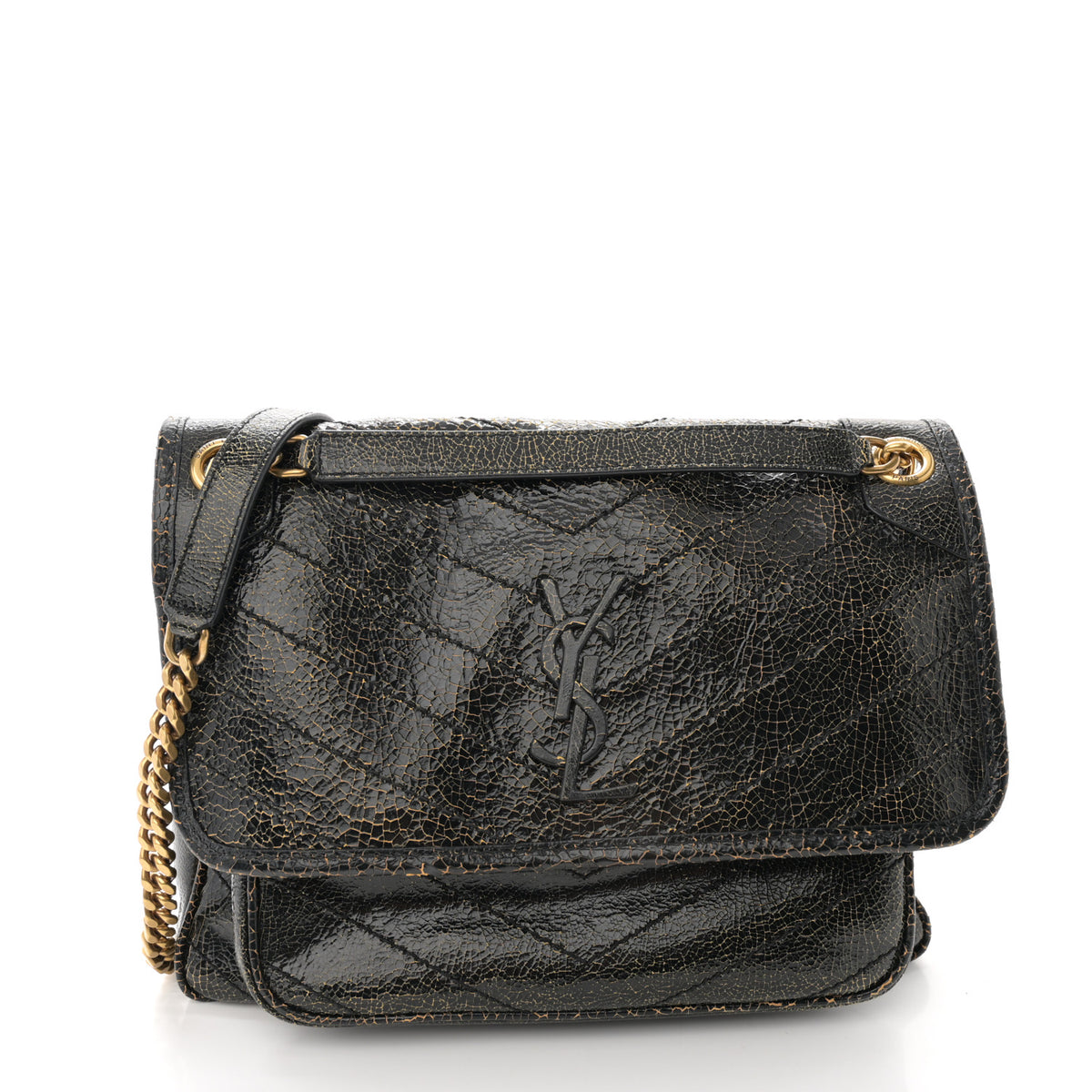 Crinkled Calfskin Matelasse Monogram Medium Niki Chain Satchel Black Ocra