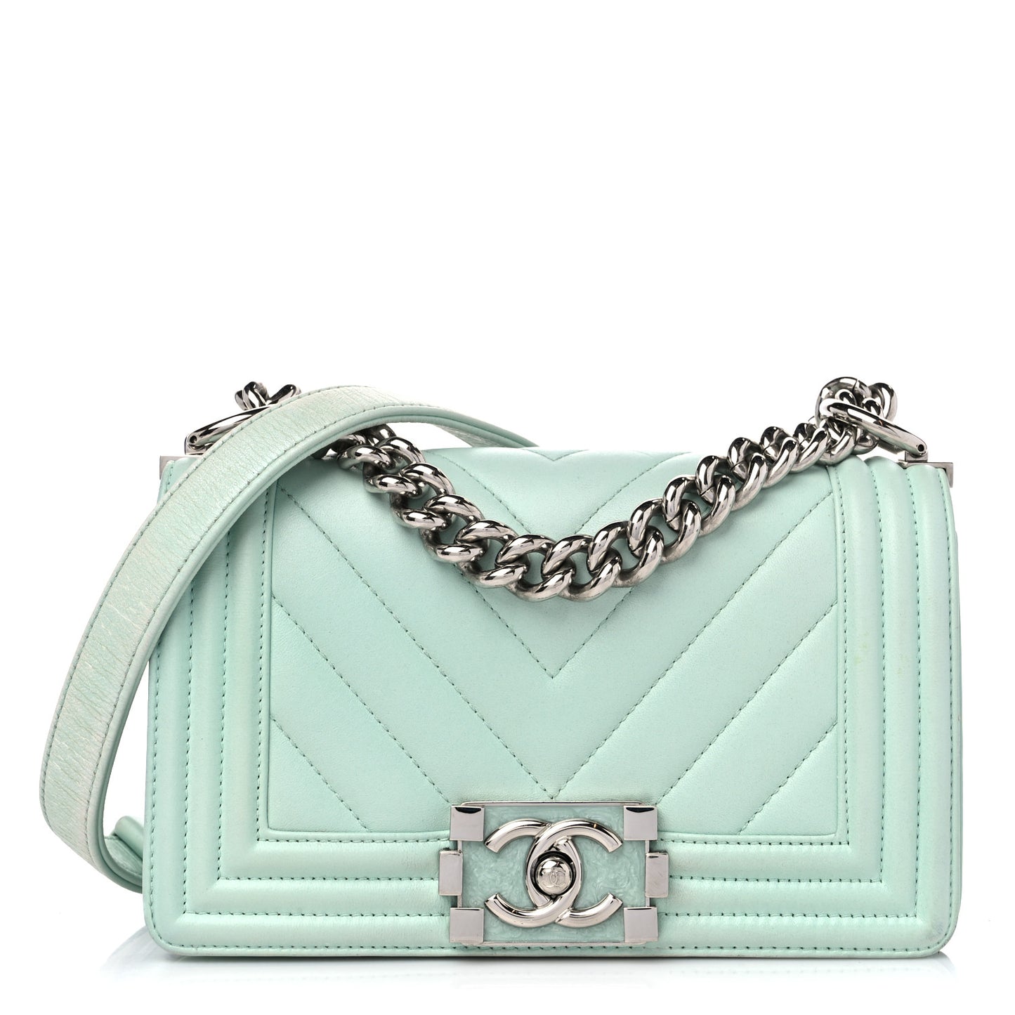Iridescent Lambskin Chevron Quilted Small Boy Flap Turquoise