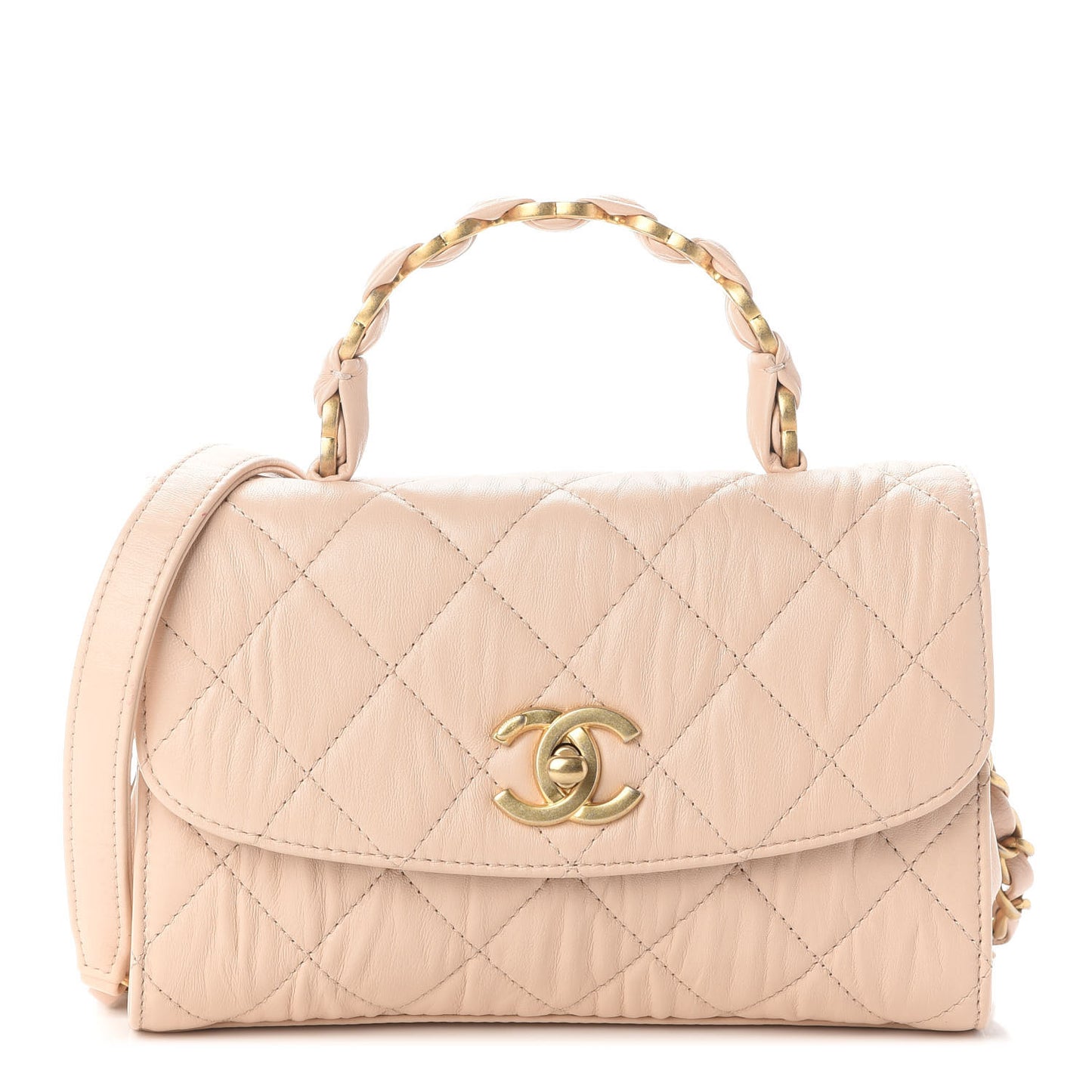 Crumpled Lambskin Quilted Mini CC Links Top Handle Flap Beige