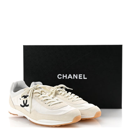 Chanel Fabric Embossed Suede Calfskin Womens CC Sneakers 38.5 White Black 10 of 10