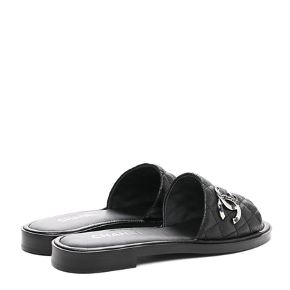 Chanel Shiny Goatskin Quilted CC Mules Sandals 39 Black 4 of 9
