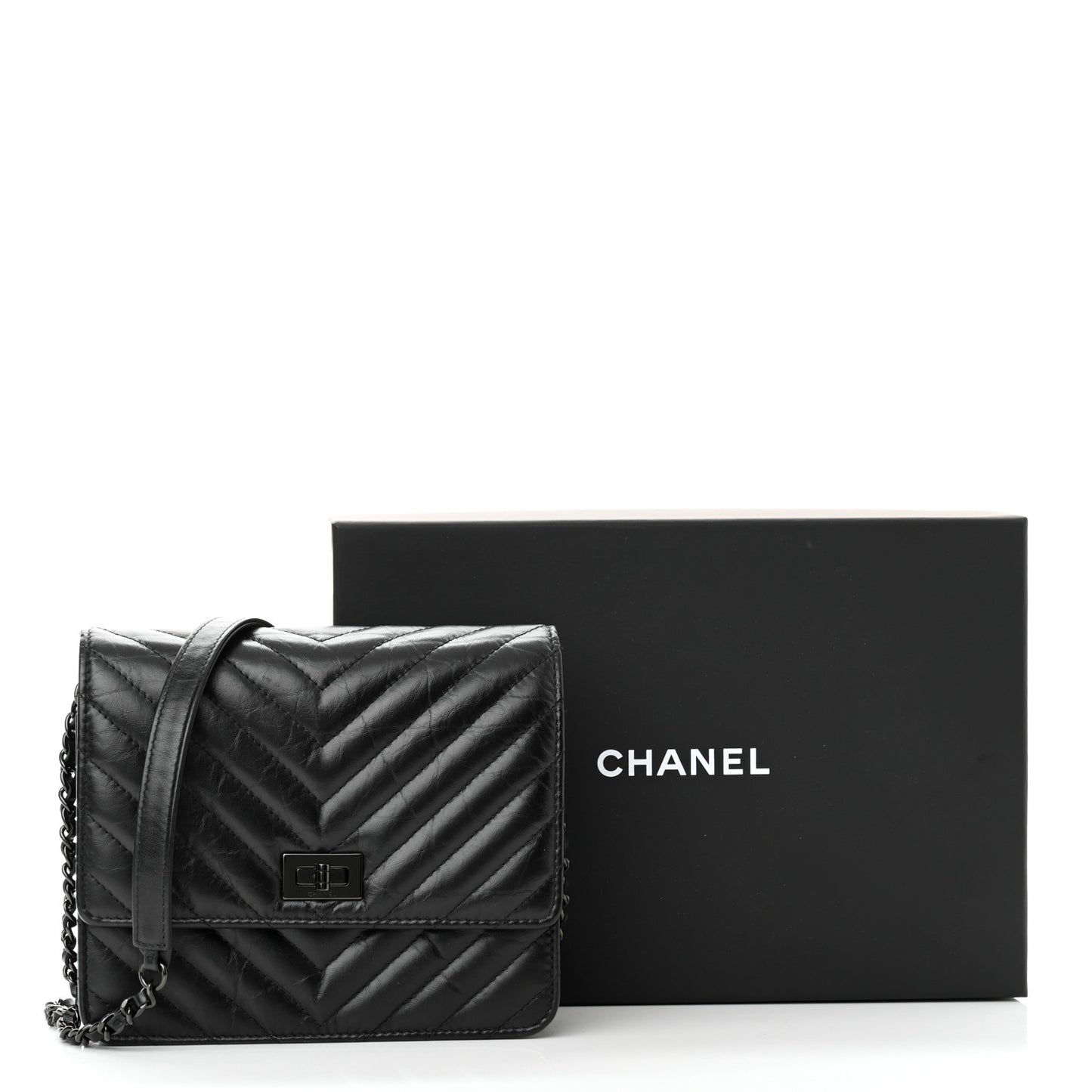 Aged Calfskin Chevron Quilted Reissue 2.55 Square Wallet On Chain WOC So Black