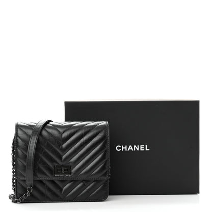 Chanel Aged Calfskin Chevron Quilted Reissue 2.55 Square Wallet On Chain WOC So Black 12 of 12