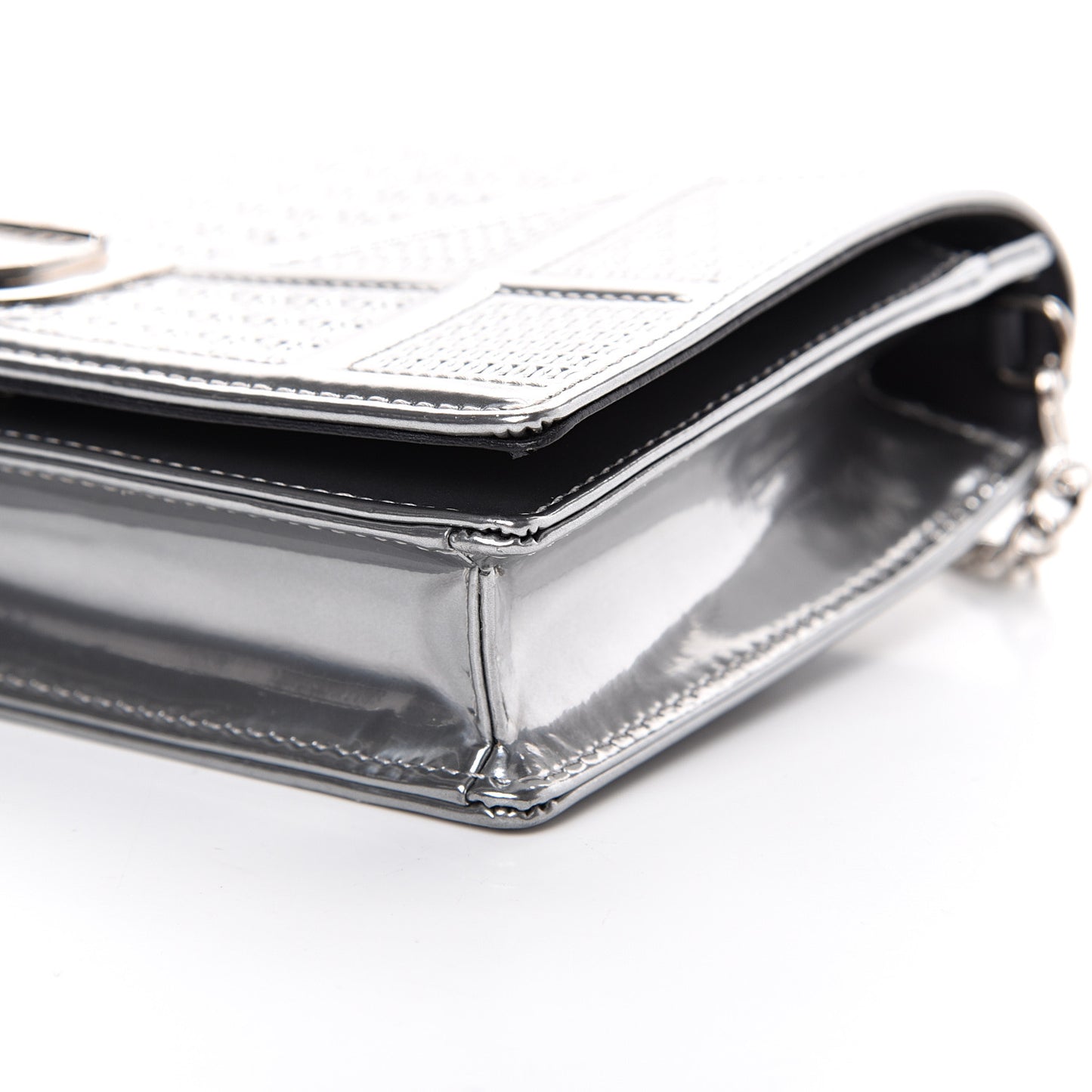 Metallic Patent Micro-Cannage Diorama Wallet on Chain Pouch Silver