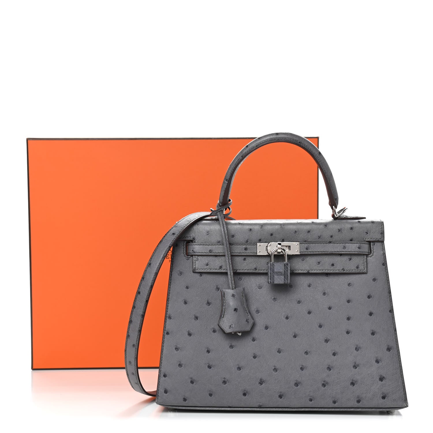 Hermes Ostrich Horseshoe Kelly Sellier 25 Gris Agate Bleu Nuit 13 of 13
