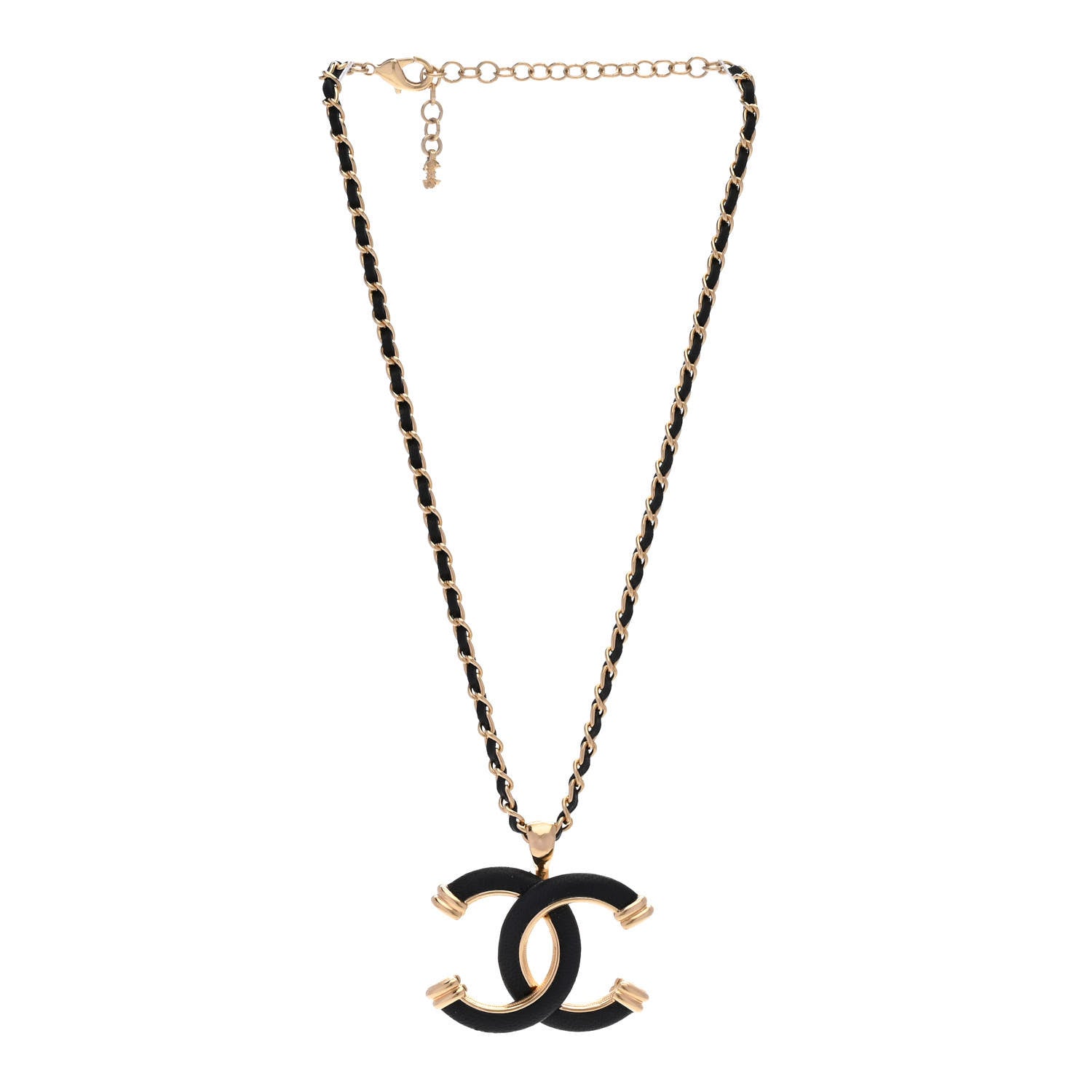 Chanel Metal Lambskin Chain CC Necklace Black Gold 3 of 6