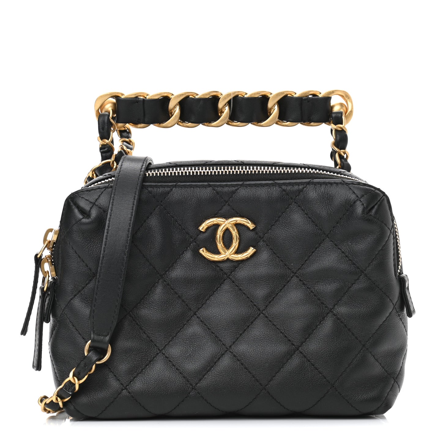 Calfskin Quilted Mini Bowling Bag Black
