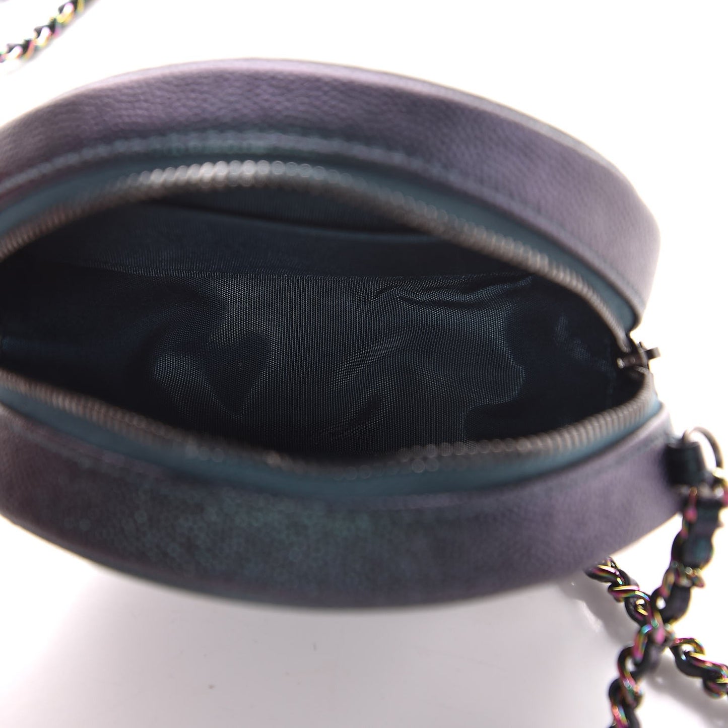 Iridescent Caviar Quilted Round Filigree Crossbody Dark Turquoise