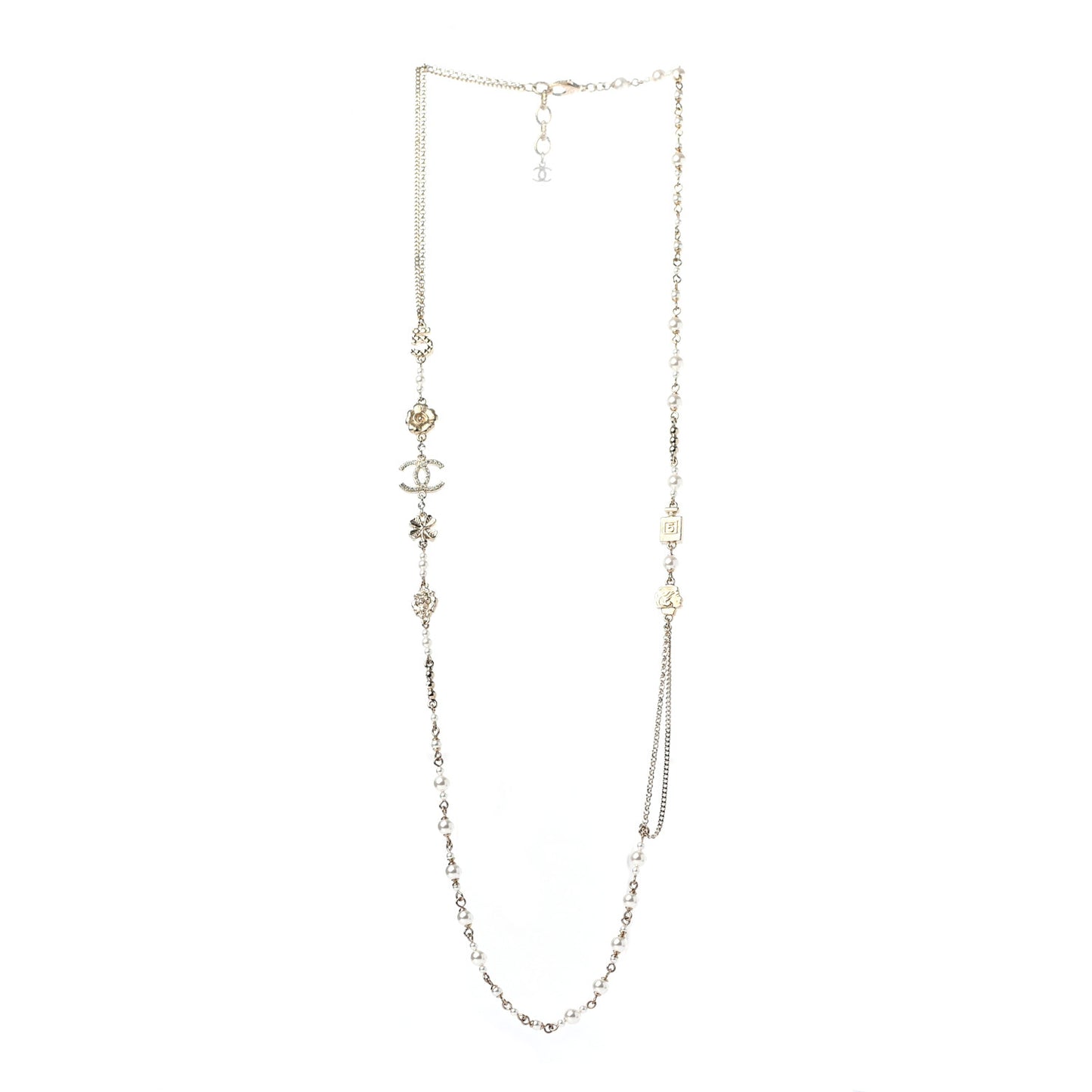 Crystal Pearl CC Camellia Long Necklace Gold