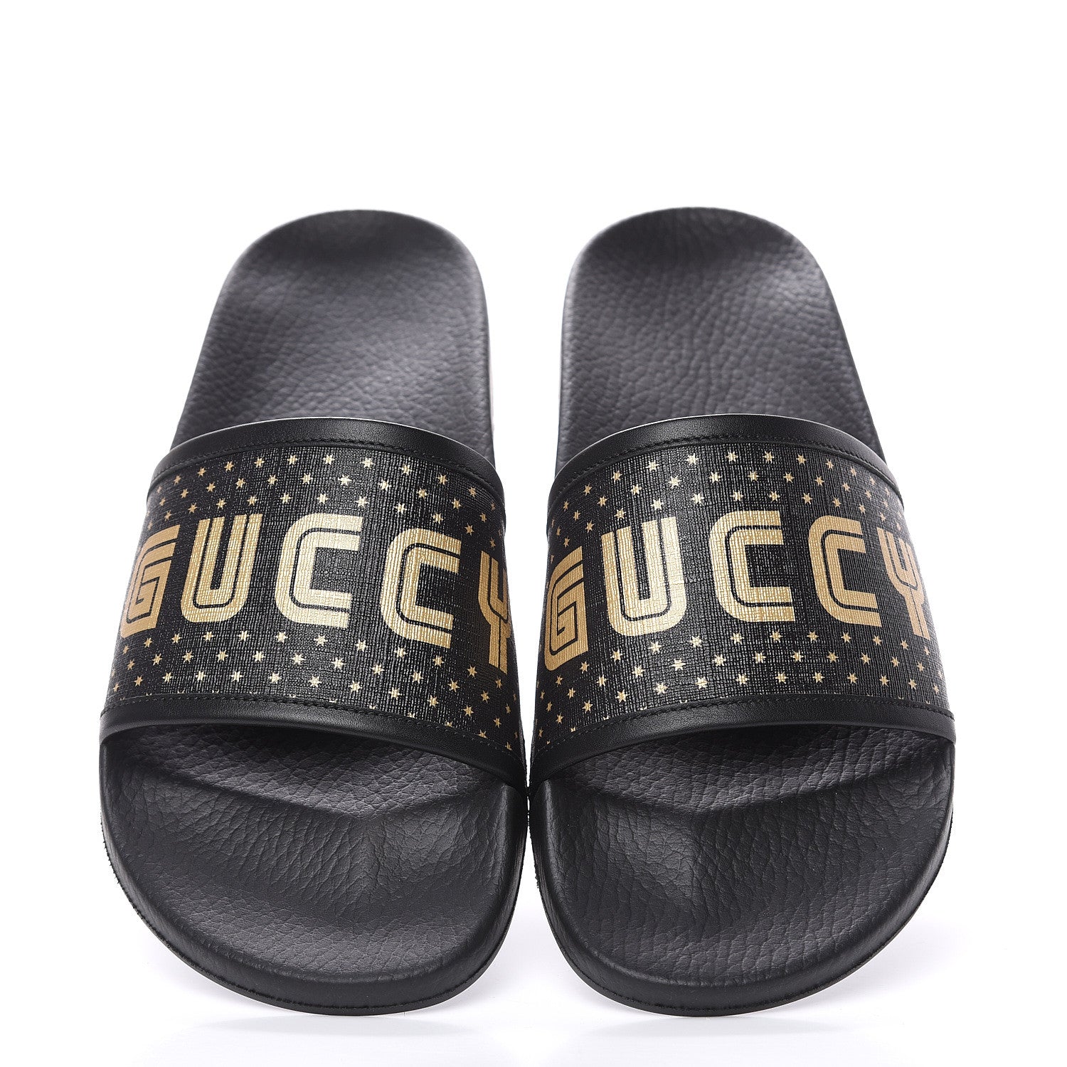 Gucci X SEGA Supreme Canvas GUCCY Stars Mens Slide Sandals 9 Black Gold 5 of 8