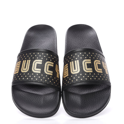 Gucci X SEGA Supreme Canvas GUCCY Stars Mens Slide Sandals 9 Black Gold 5 of 8