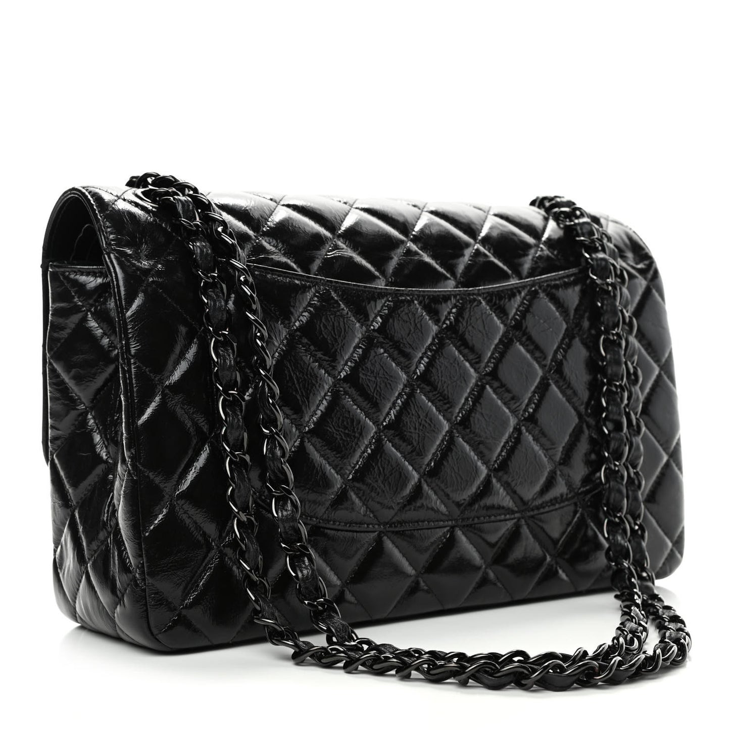 Shiny Distressed Calfskin Quilted Jumbo Double Flap So Black