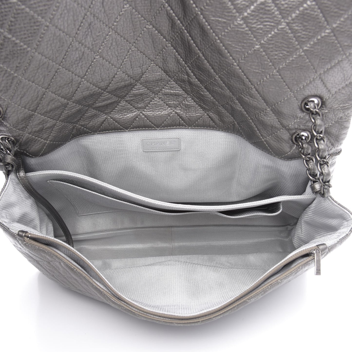 Metallic Calfskin Quilted XXL Travel Flap Bag Dark Silver