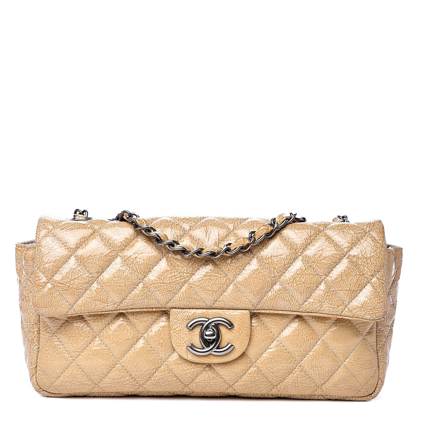 Crinkled Patent Calfskin Quilted East West Flap Light Beige