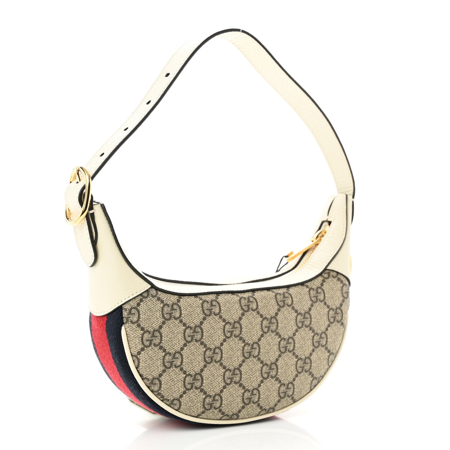 GG Supreme Monogram Textured Dollar Calfskin Web Mini Ophidia Half Moon Hobo Beige Ebony Mystic White