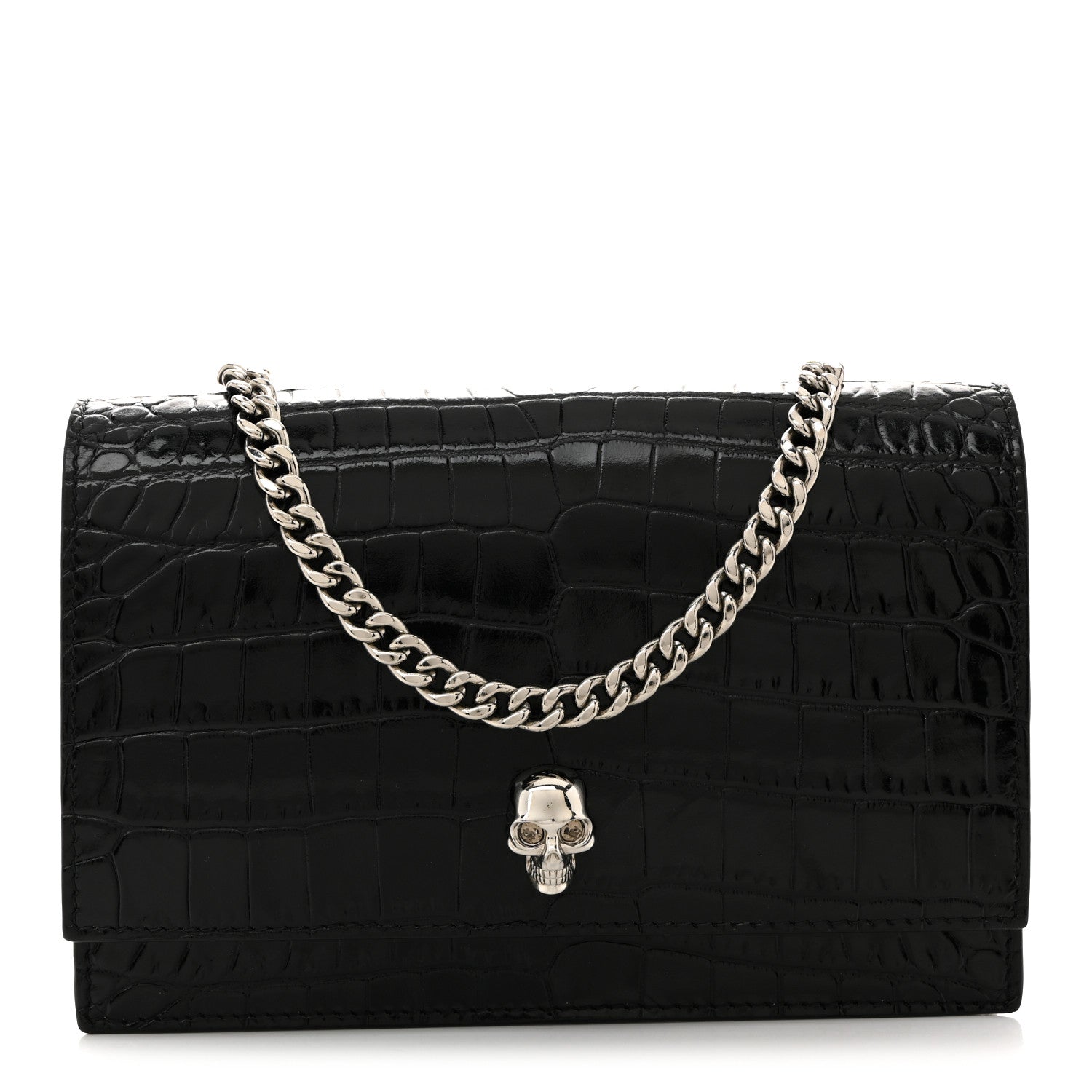 Alexander McQueen Calfskin Crocodile Embossed Skull Mini Crossbody Bag Black 1 of 12