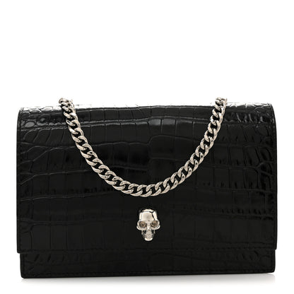 Alexander McQueen Calfskin Crocodile Embossed Skull Mini Crossbody Bag Black 1 of 12