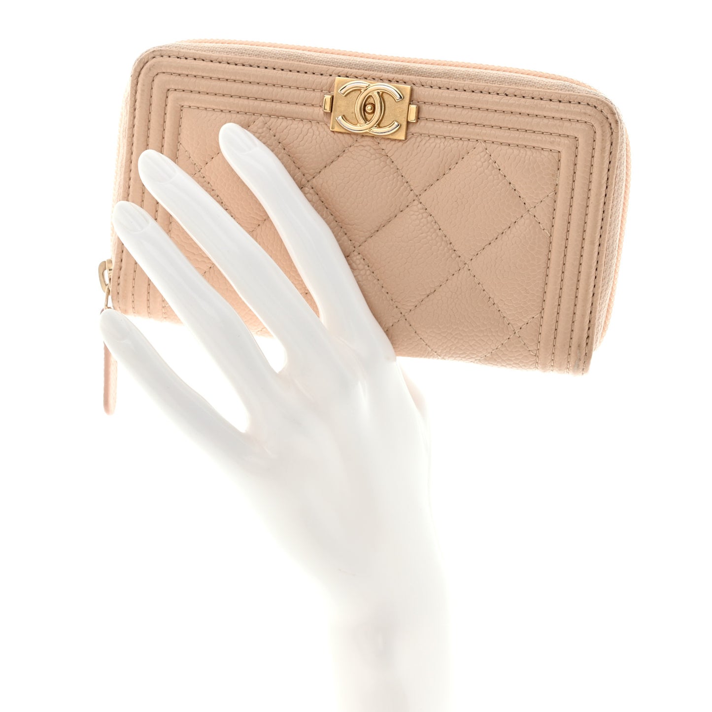 Caviar Quilted Small Boy Zip Around Wallet Beige