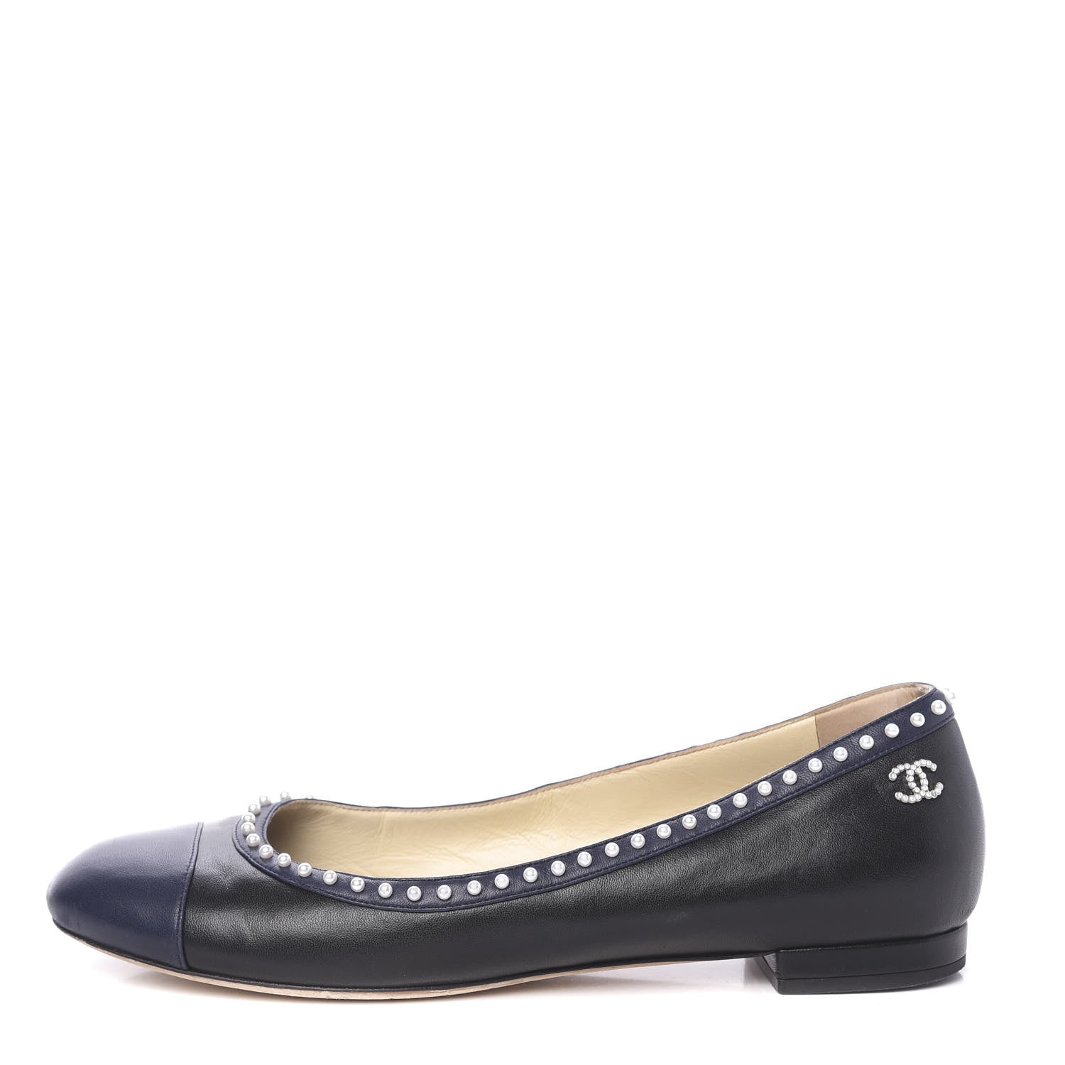 Chanel Lambskin Pearl Cap Toe CC Ballerina Flats 40 Black Navy 1 of 12