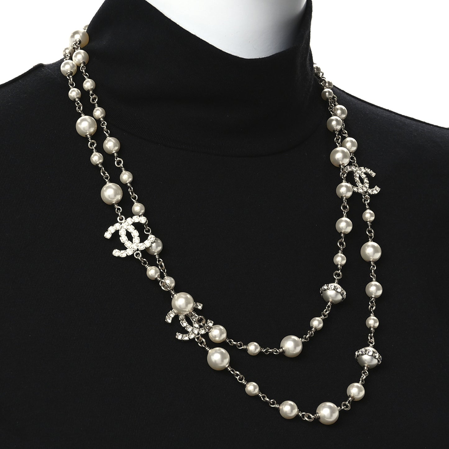 Crystal Pearl CC Long Necklace Gold