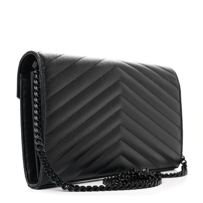 Saint Laurent Grain De Poudre Matelasse Chevron Monogram Monochrome Chain Wallet Black 3 of 12