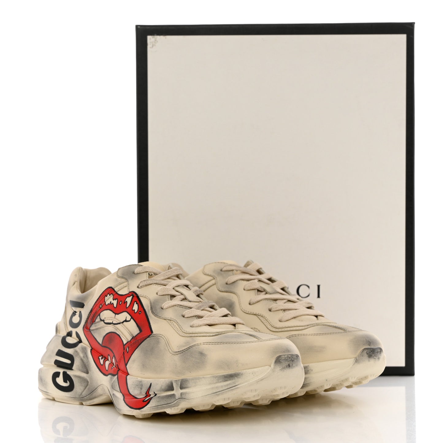 Calfskin Mouth Print Mens Rhyton Sneakers 8.5 Ivory