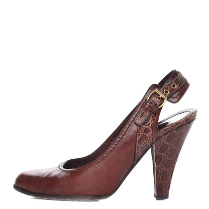 Louis Vuitton Calfskin Croc Embossed Slingback Heels 36.5 Brown 1 of 11