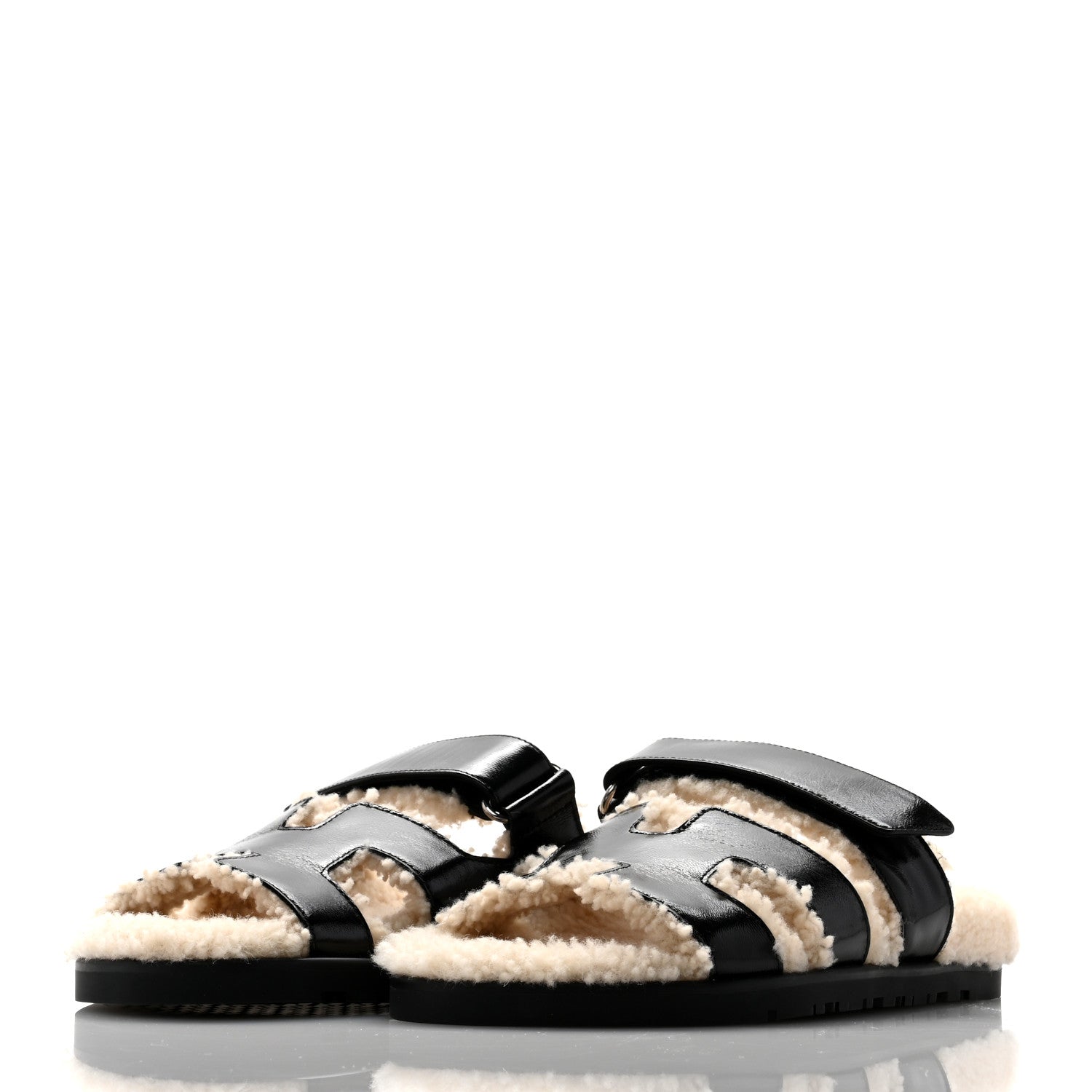 Hermes Glazed Nappa Woolskin Chypre Sandals 37.5 Black Ecru 3 of 9