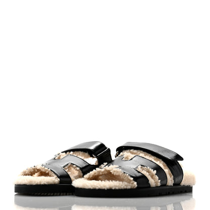 Hermes Glazed Nappa Woolskin Chypre Sandals 37.5 Black Ecru 3 of 9