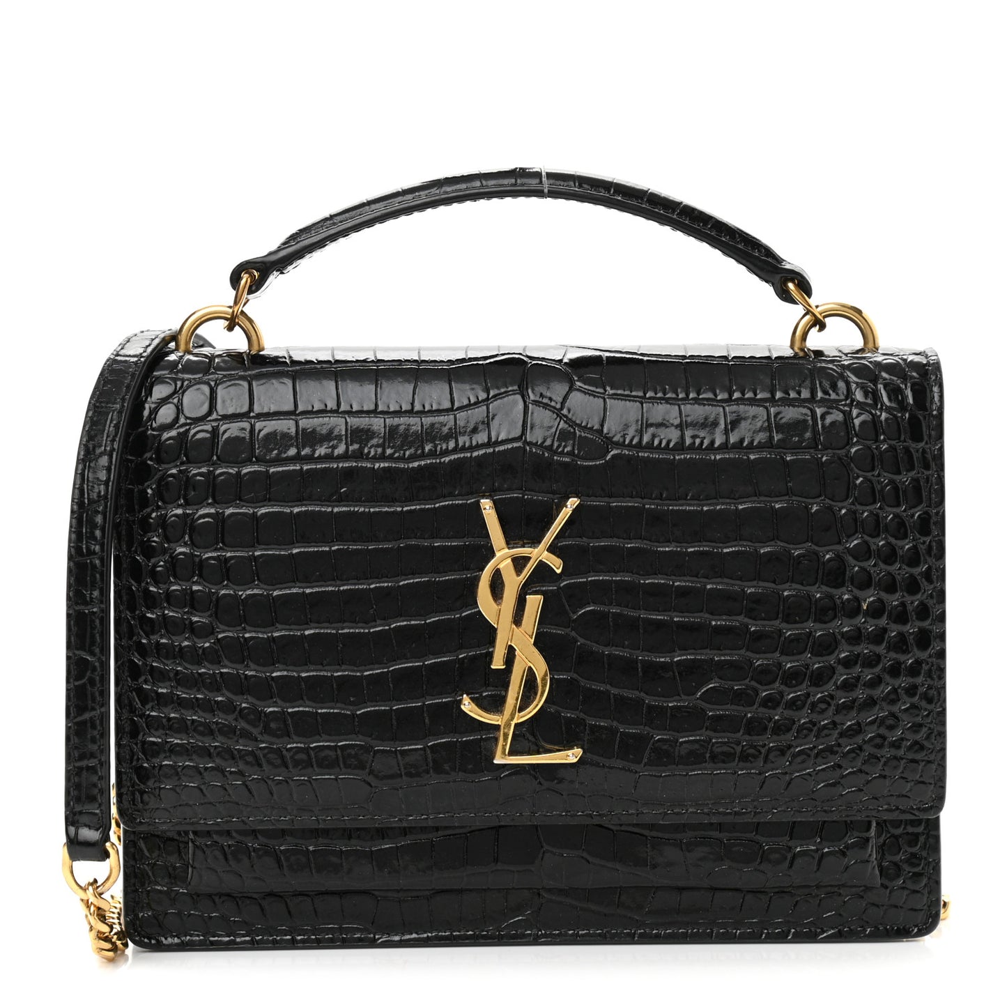 Calfskin Crocodile Embossed Monogram Sunset Top Handle Chain Wallet Black