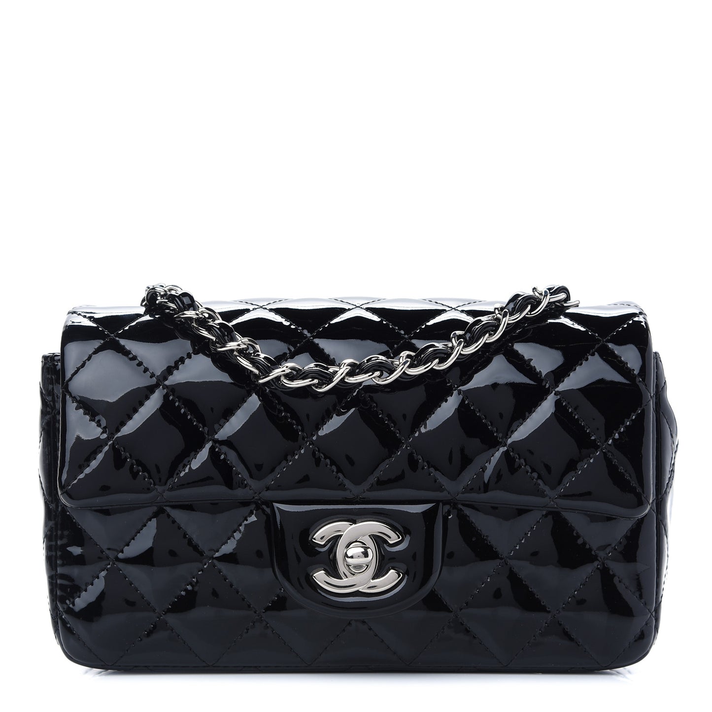 Patent Calfskin Quilted Mini Rectangular Flap Black
