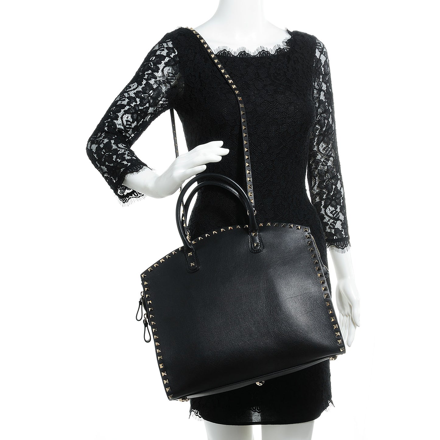 Leather Rockstud Dome Shopper Black
