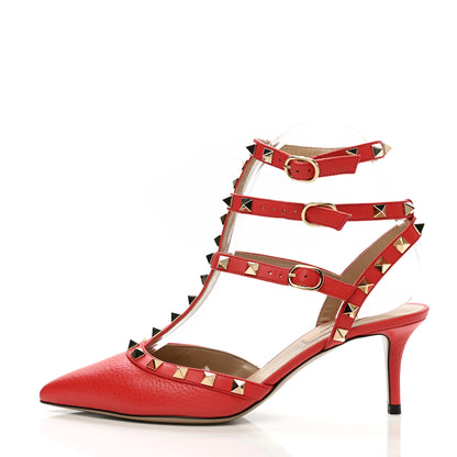Valentino Garavani Pebbled Calfskin Rockstud Ankle Strap 65mm Pumps 36.5 Deep Coral 1 of 9