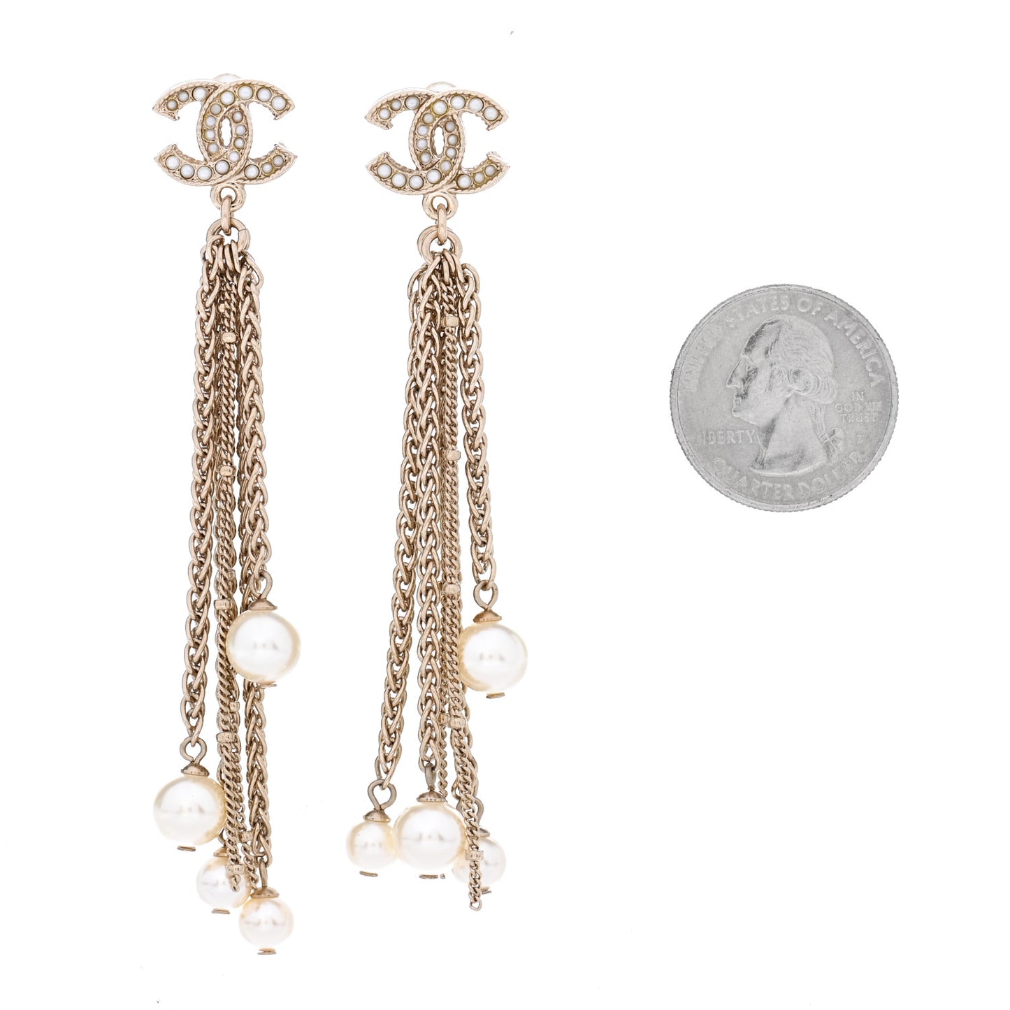 Pearl Chain CC Dangle Earrings Gold