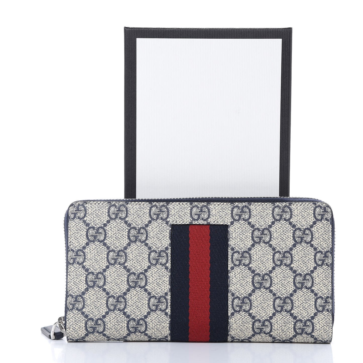 GG Supreme Monogram Web Zip Around Wallet Beige Blue