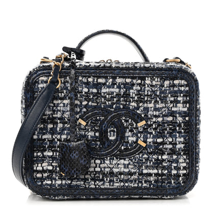 Chanel Tweed Snakeskin Quilted Medium CC Filigree Vanity Case Dark Navy 1 of 11
