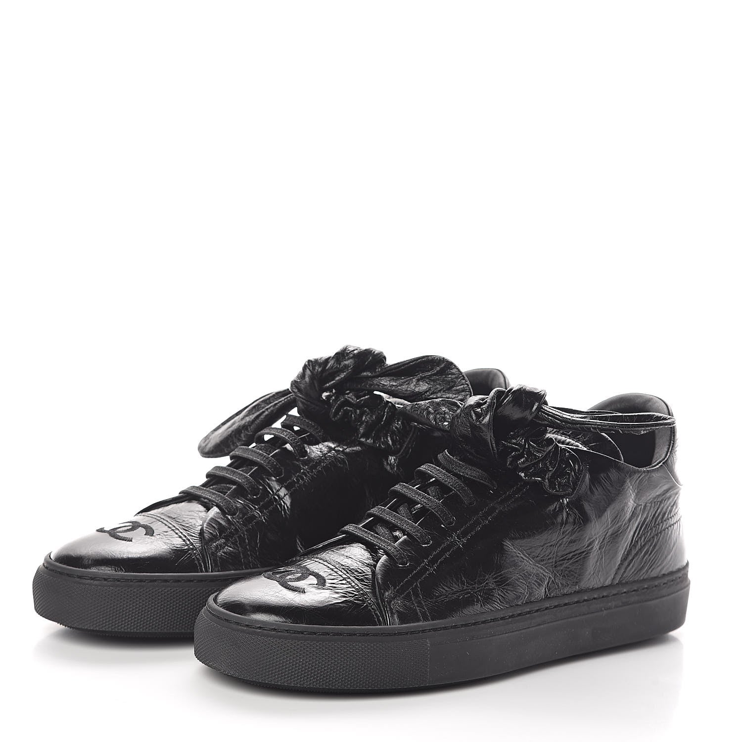 Chanel Crumpled Calfskin Womens CC Bow Sneakers 38.5 Black 3 of 6