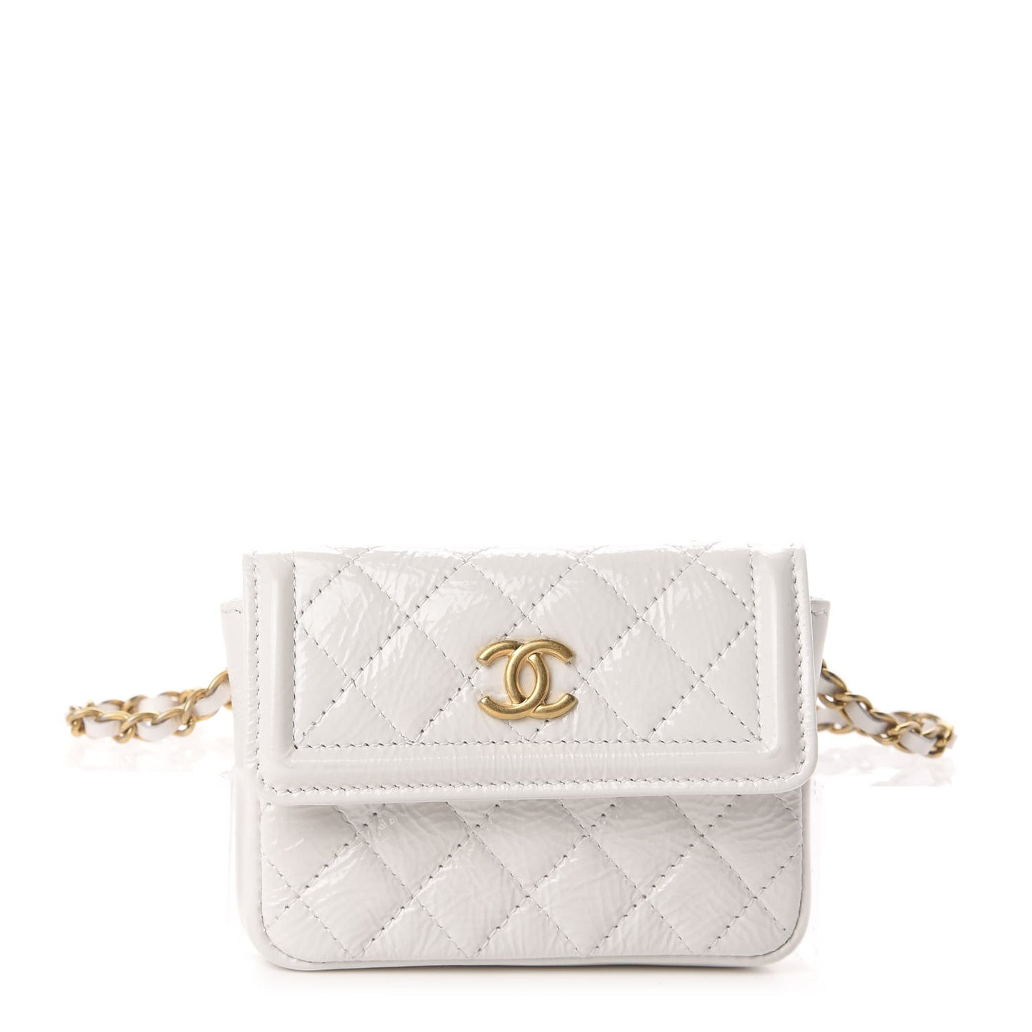 Shiny Aged Calfskin Quilted Waist Belt Bag White