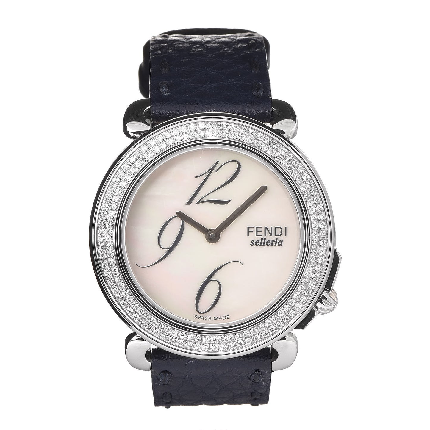 Stainless Steel Calfskin Diamond Pave Bezel Mother of Pearl 37mm Selleria Quartz Watch